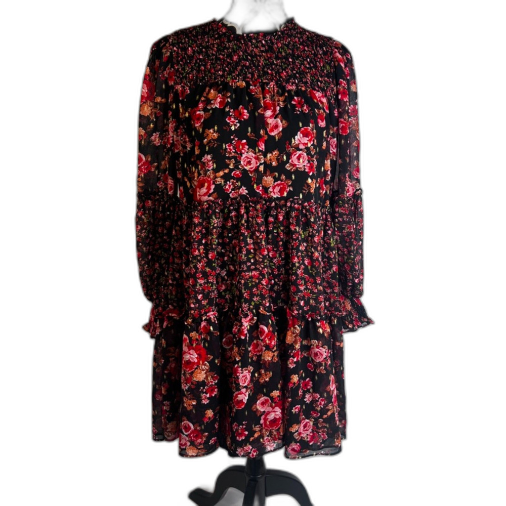 CeCe Black & Red Bold Floral Print Smocked Bodice Long Sleeve Babydoll Dress XS